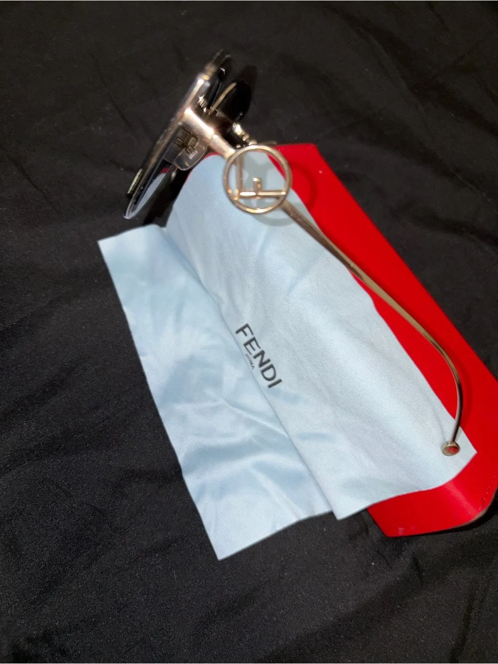 Fendi Gold-Tone Logo Eyeglass Stand with Red Case and Light Blue Cloth